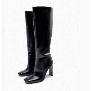 Zara Black Glossy Finish Heeled Tall Knee High Boots. Size EU 41/ 10.